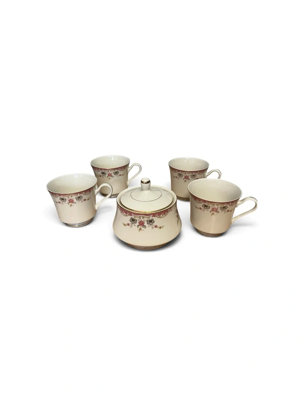Cream and Pink Floral Porcelain Tea Cups with Sugar Bowl